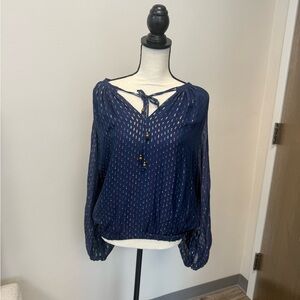 NWT Ramy Brook Deep Blue Blouse with Tie Neck